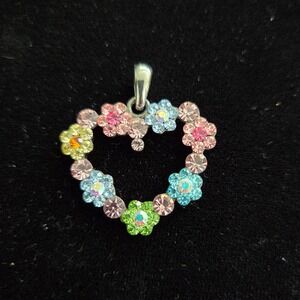 Cookie Lee Silver Tone Colorful‎ Rhinestone Flower Heart Pendant Charm Y2K Style